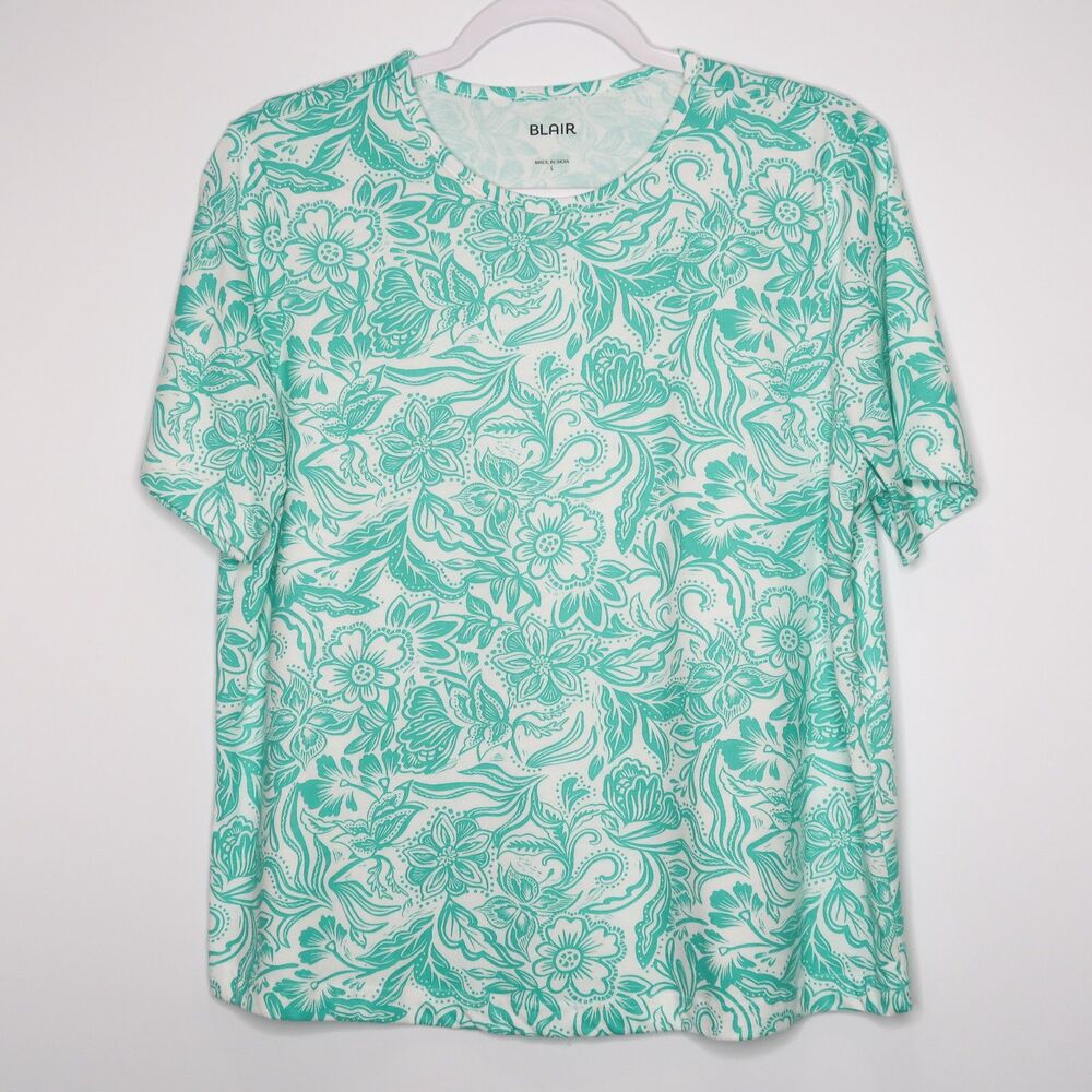 Blair Womens T-shirt Size Large Aqua Floral Paisley Casual Scoop Neck Tee